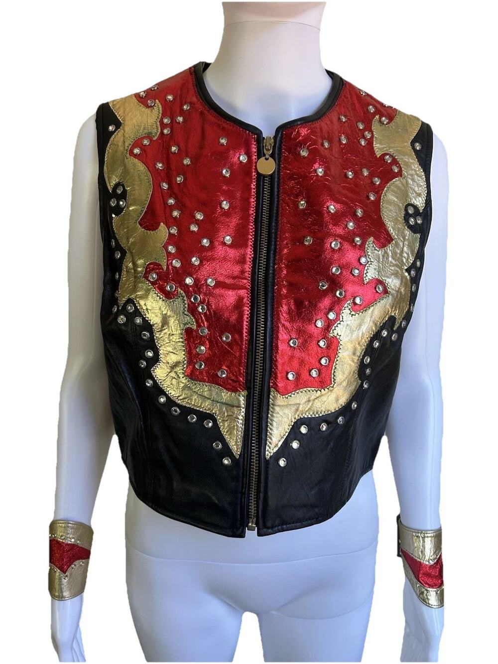Studio Siena Leather Show Vest & Cuffs L Red Gold Metallic Rhinestone Equestrian